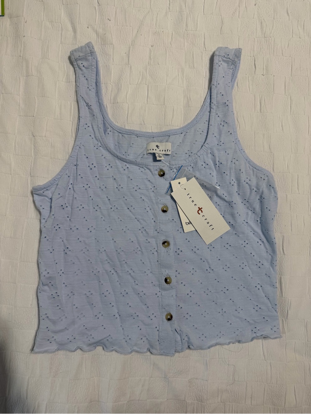 True Craft Light Blue Eyelet Button Crop Tank